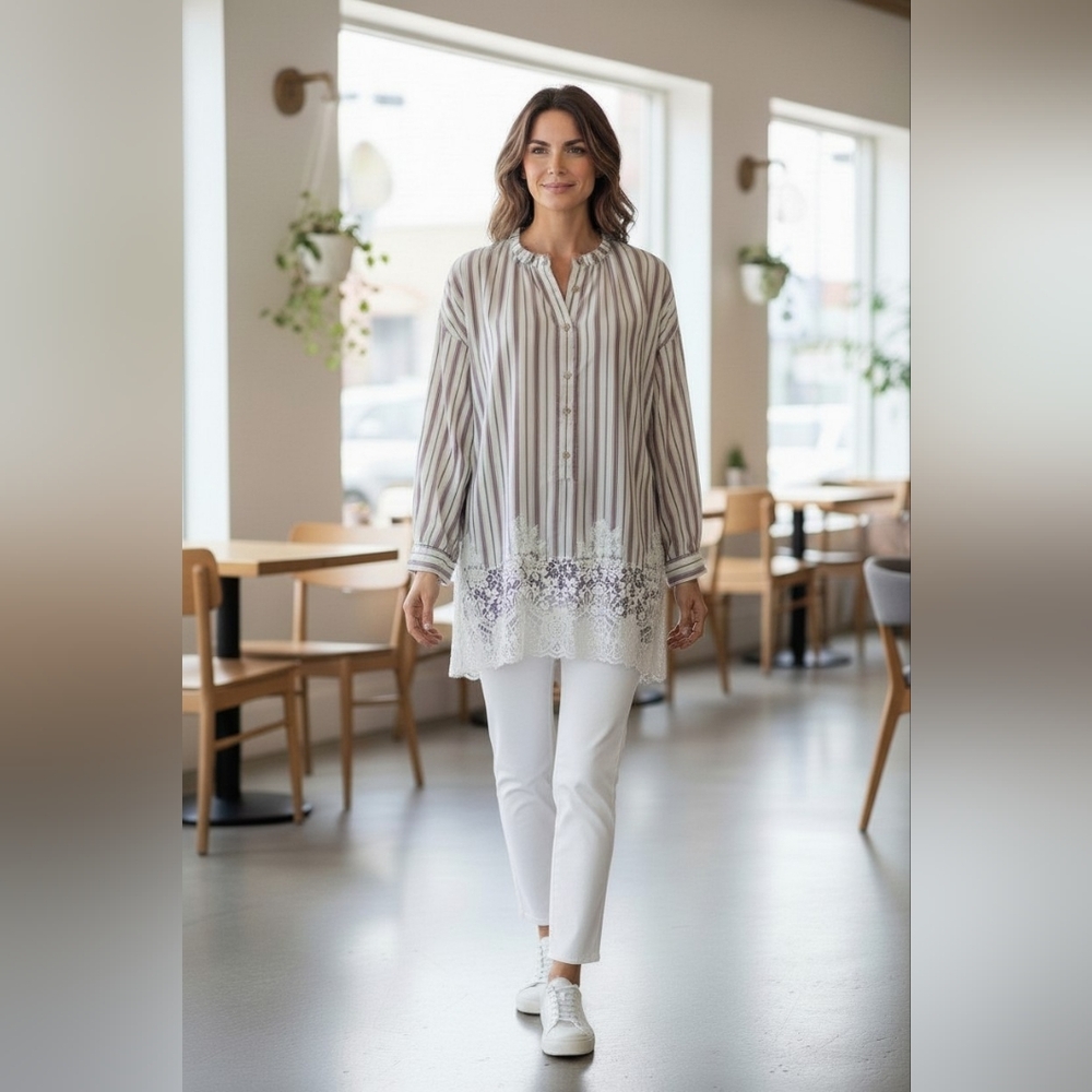 Anthropologie Pilcro Striped Lace-Hem Tunic in Cream and Taupe XL Preppy Boho
